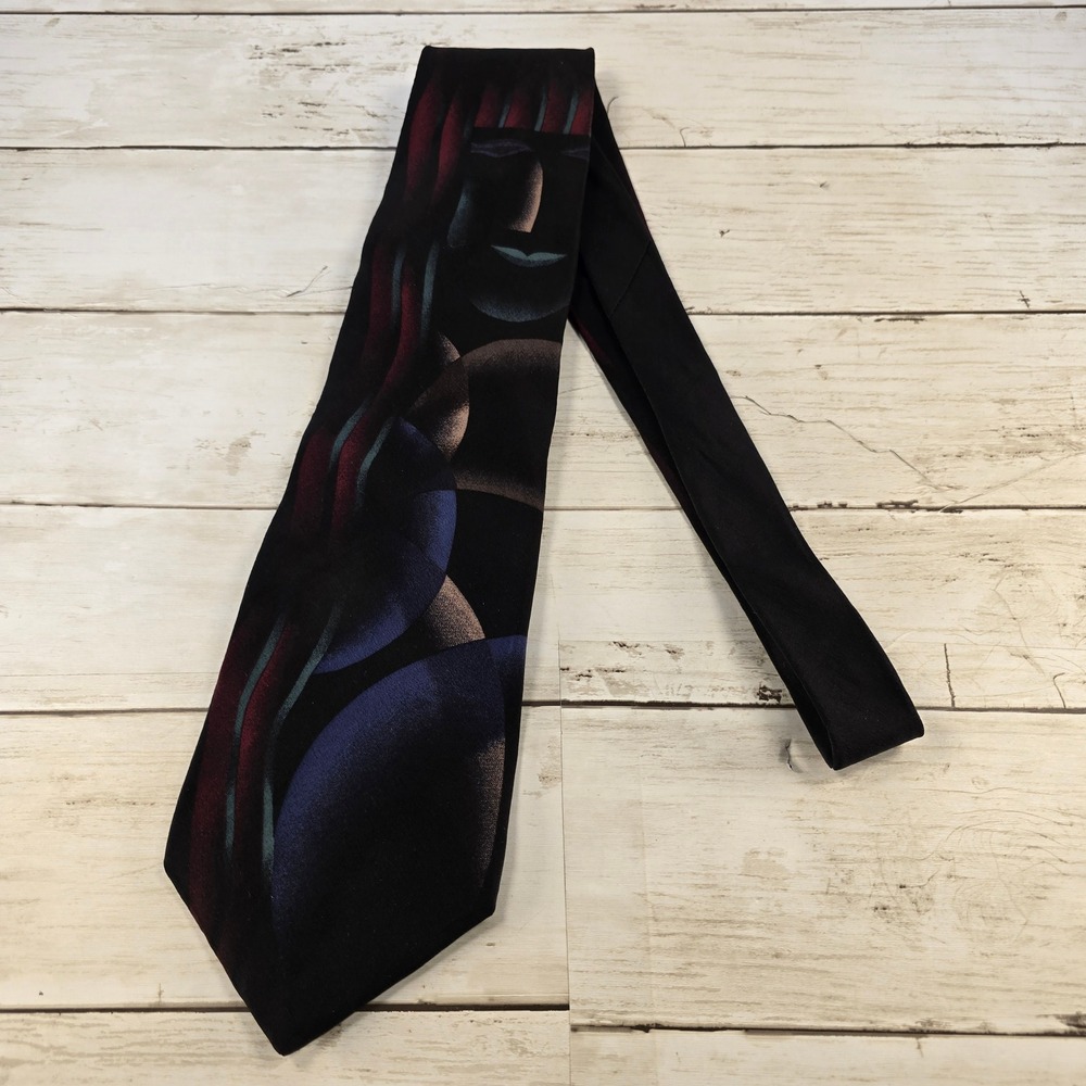 Cellini J Riggins Vintage Tie Abstract Art Deco Face Graphic Black Burgundy Blue